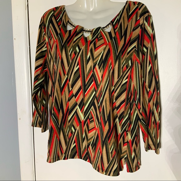 Rafaella Geometric Stripes Earthy Colors Lace Chain Neckline L/P TOP - Picture 1 of 13